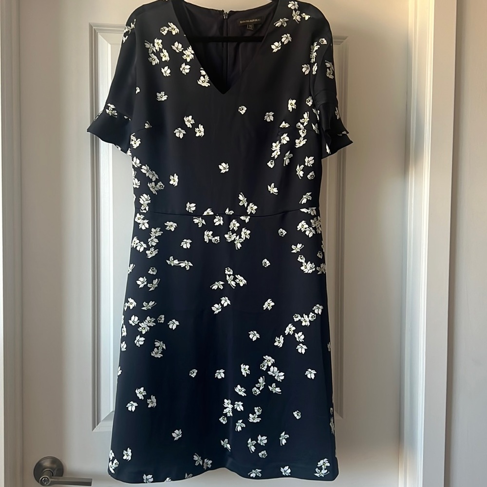 Banana Republic navy blue with white and yellow flowers.